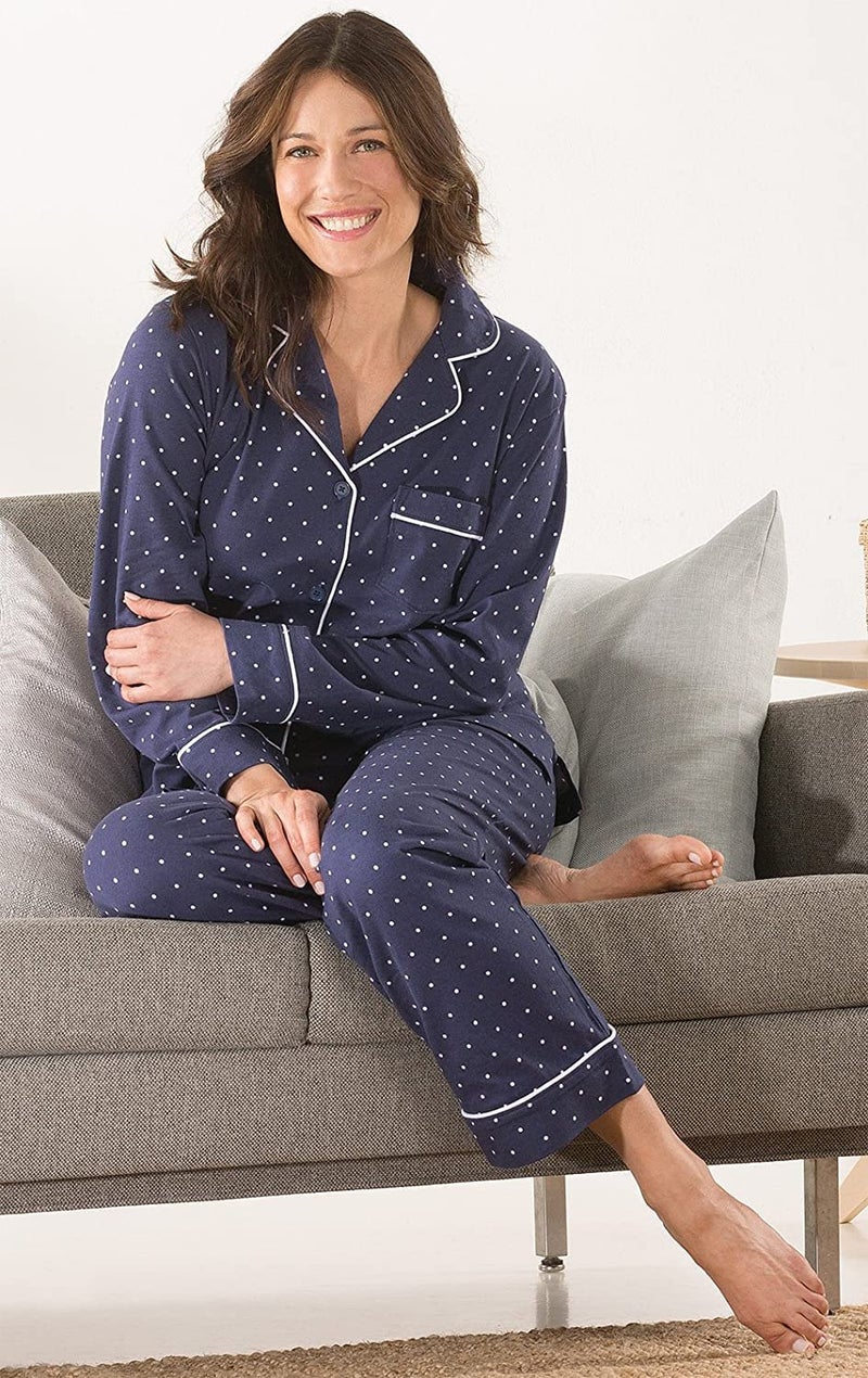 PajamaGram Pajama Set for Women - Cotton Jersey Pajamas Women, Navy, M, 10-12 - Image 2